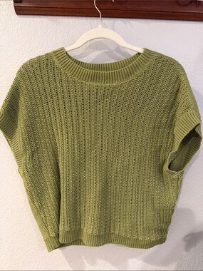 Poetry Olive Green Open-Knit Short Sleeve Crew Sweater